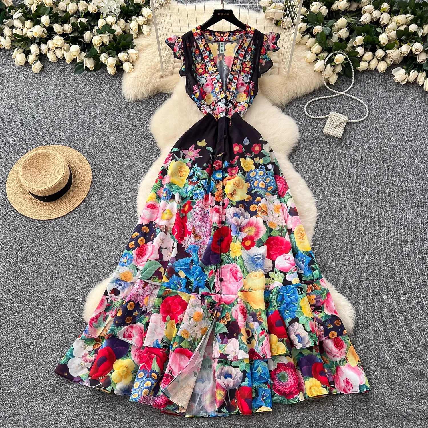 Mode vacances d'été magnifique fleur en mousseline de soie Robe longue nouveau Boho femmes volants profond Sexy col en V sans manches imprimé bouton Robe