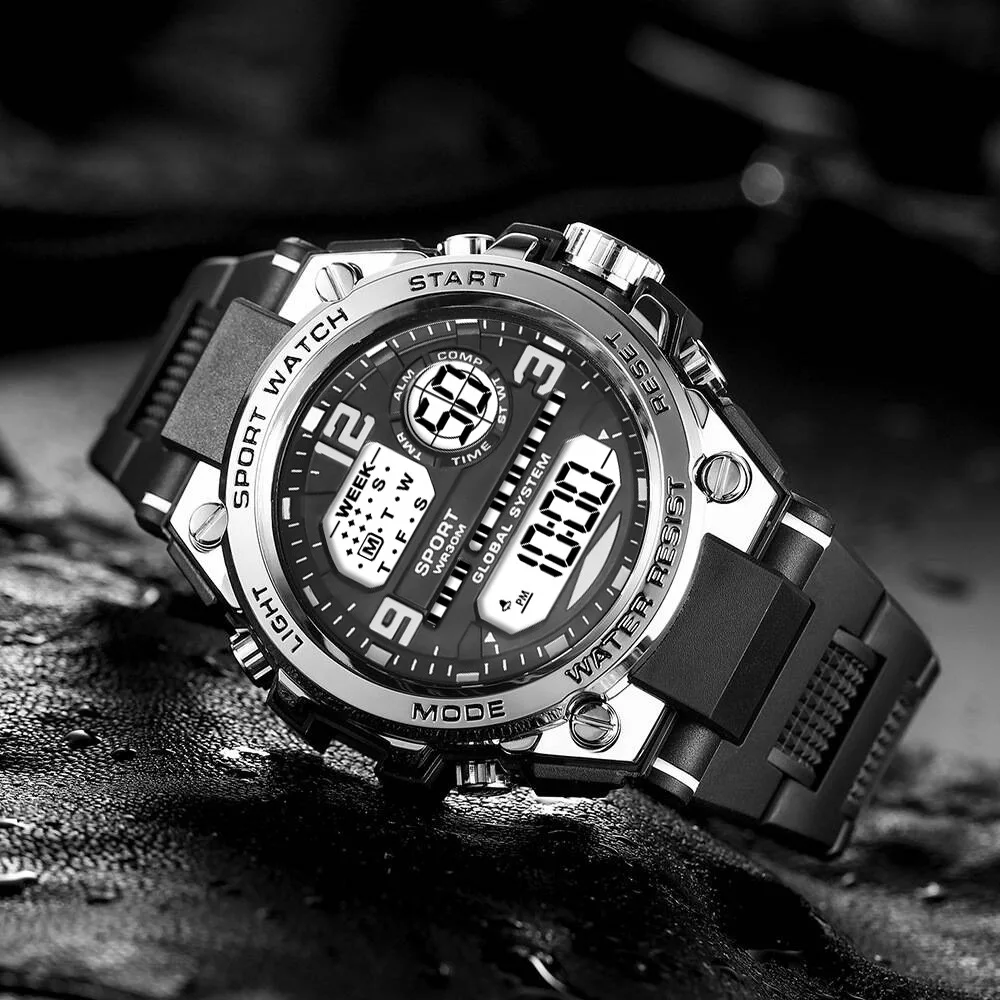 Black Sports Watch for Kids Students Men's Multifunction LED Digital Watch Waterproof Luminous Alarm Clock Electronic Watches