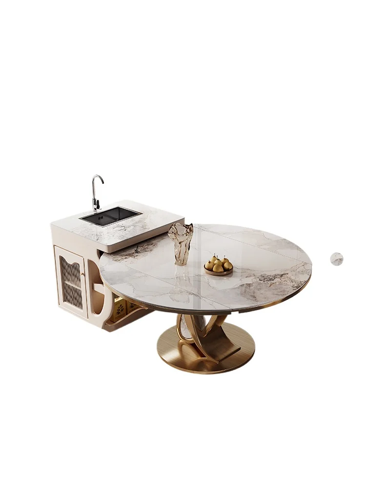 

Light luxury rock slab island table round dining table integrated retractable small apartment separate sink advanced table