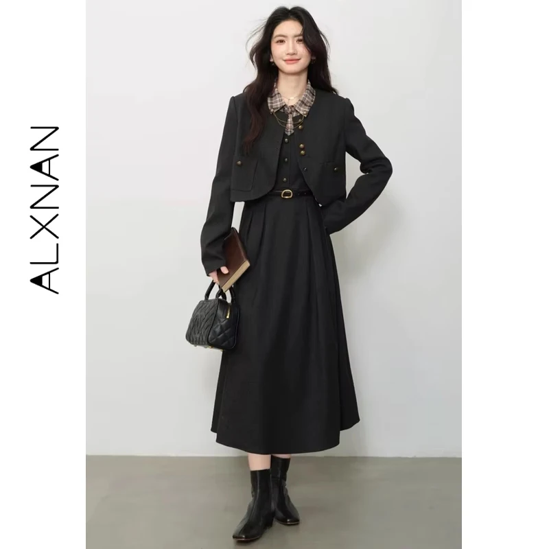 ALXNAN Langarm-Kleid, Herbst-Hemd, Patchwork, Umlegekragen, kariertes Kleid, 2025, formelles Pendeln, langes Damenkleid L57722