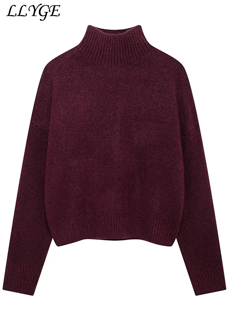 Vintage Women\'s Burgundy Turtleneck Sweater Casual Long Sleeves Female Thicken Pullover 2024 Winter Lady Cozy All-match Knitwear