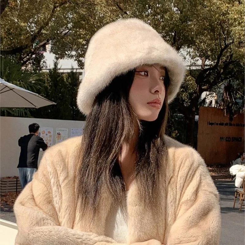 Custom Fashion Winter Real Mink Fur Fisherman Thick Hats Lady Warm Fluffy Bucket Hat for Women