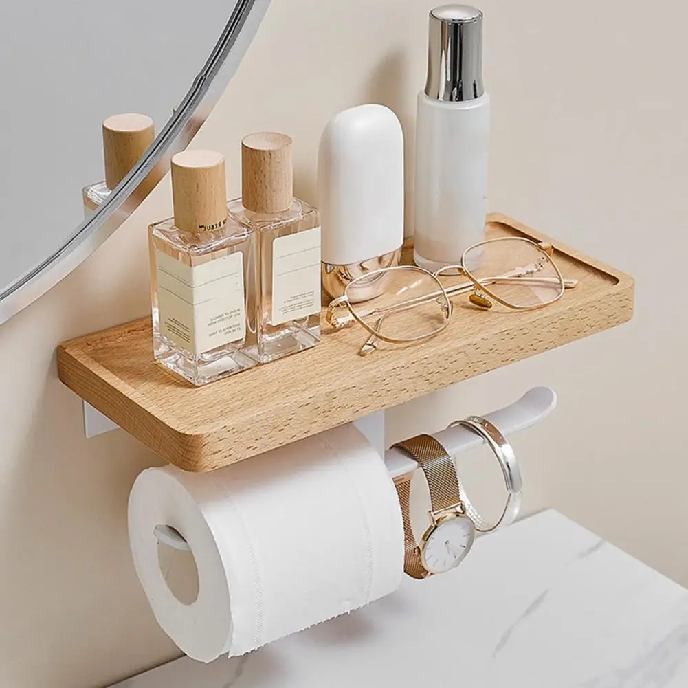 Tissue Stand Wooden Tissue Rack Waterproof Bathroom 2-in-1 Sundries Shelf Storage Toilet Paper Holder Space-saving