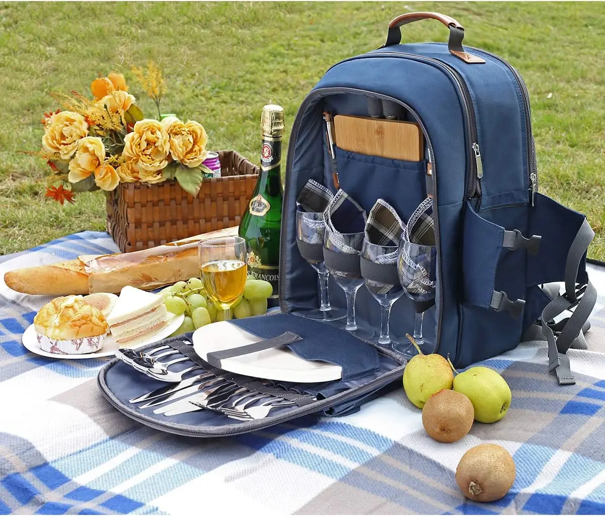 Picnic Backpack for 4 Person with Blanket Picnic Basket Set for 2 with Insulated Cooler Wine Pouch for Family Couples (Navy Blue