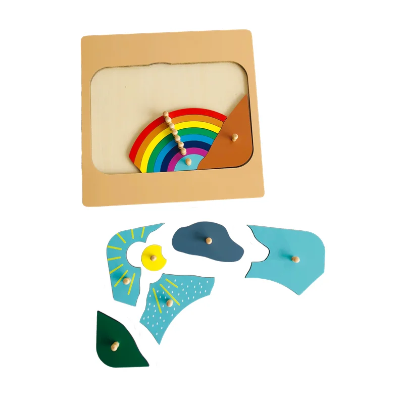 Montessori Educational Toy Wood Weather Rainbow Puzzle Jigsaw W/ Knobs Children's Early Learning Resources Fine Motor Skill Game