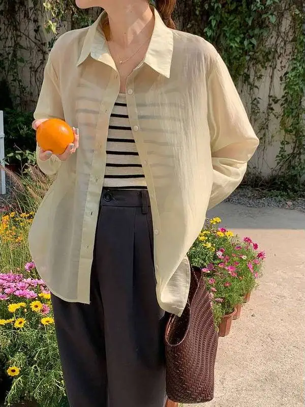 

Sendo Spring Shirt Women Loose Sunscreen Long Sleeves outside Commute Style Polyester Fiber Thin Pure Color Business Women's ...