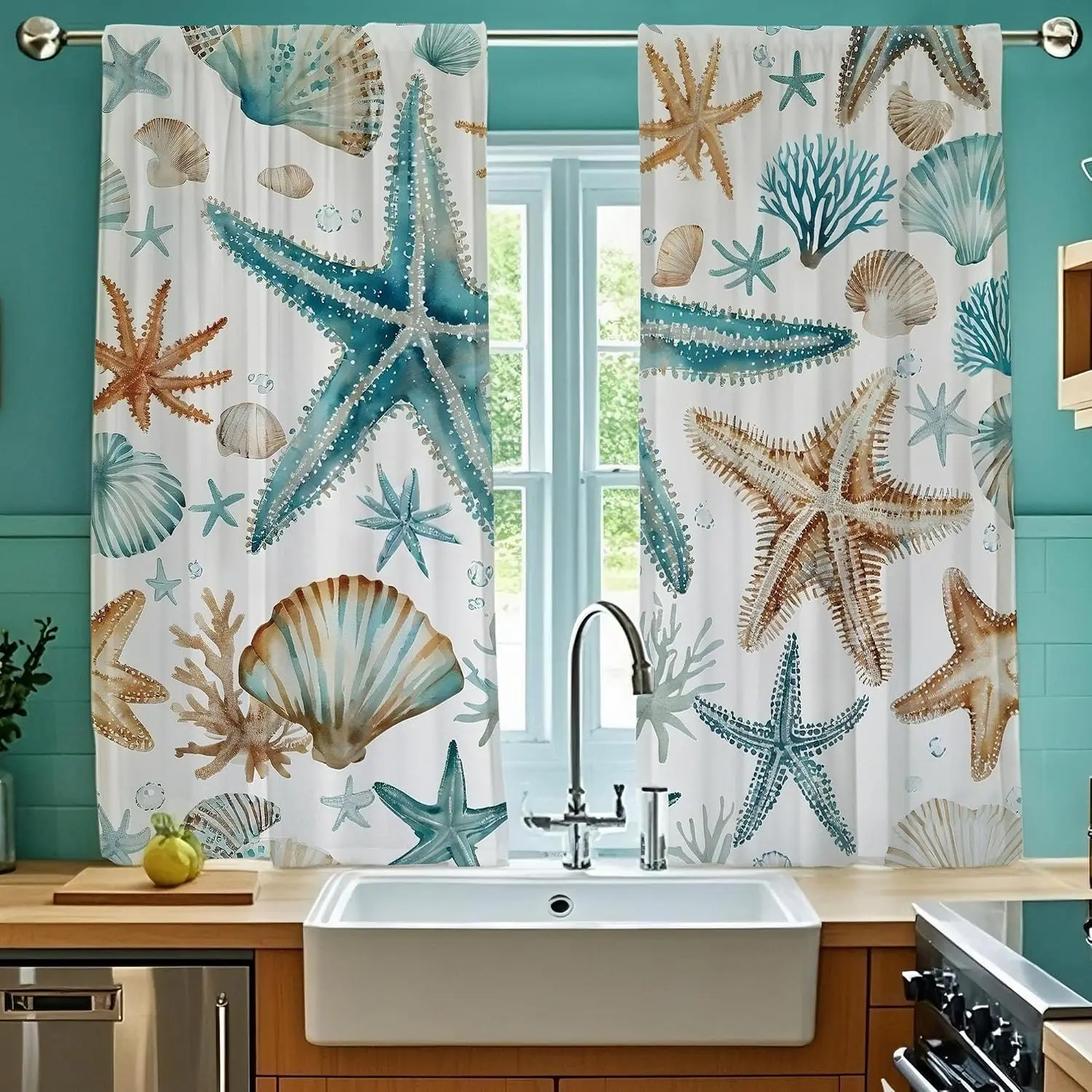 Nautical Ocean Starfish Seashell Print Curtain Pair 2pcs Coastal Beach Decor Window Bathroom Curtain Shower Curtain Waterproof