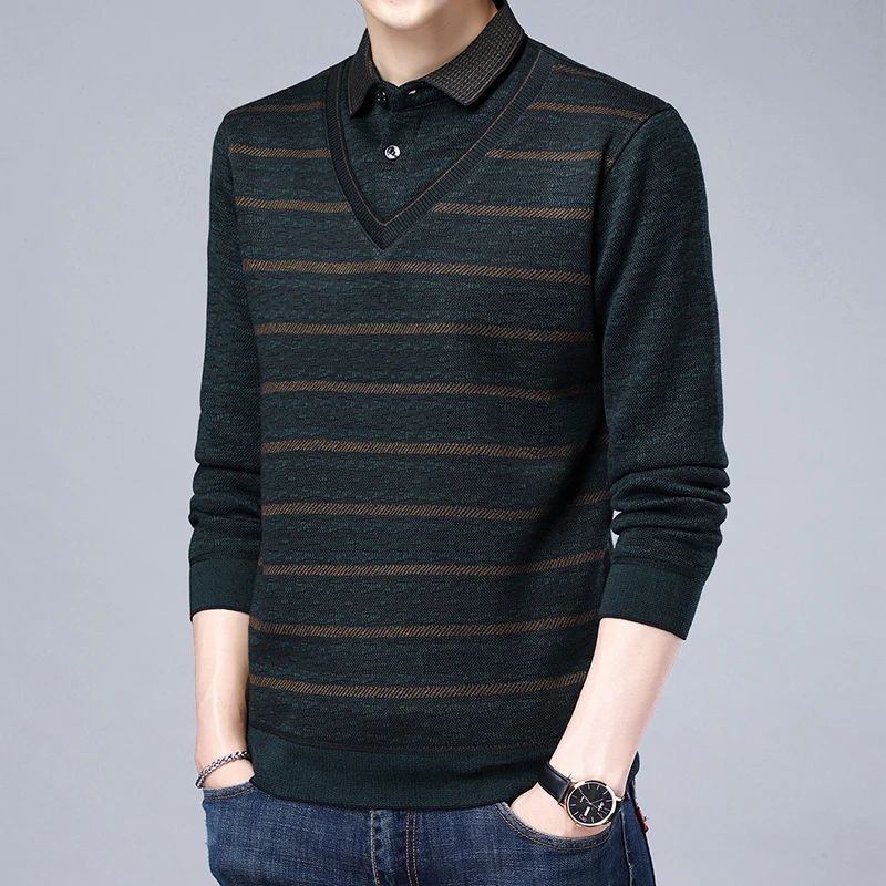 Spring Autumn Men's Single-Sided Fake Two-Piece Long-Sleeved T-Shirt Lapel Button Stripe Business Casual Urban Style Men's Wear