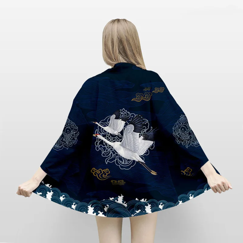 

Large Size 5XL 6XL Japanese Kimono Cardigan Print Wave Crane Men Women Shirt Tradition Yukata Haori Obi Cosplay Costume