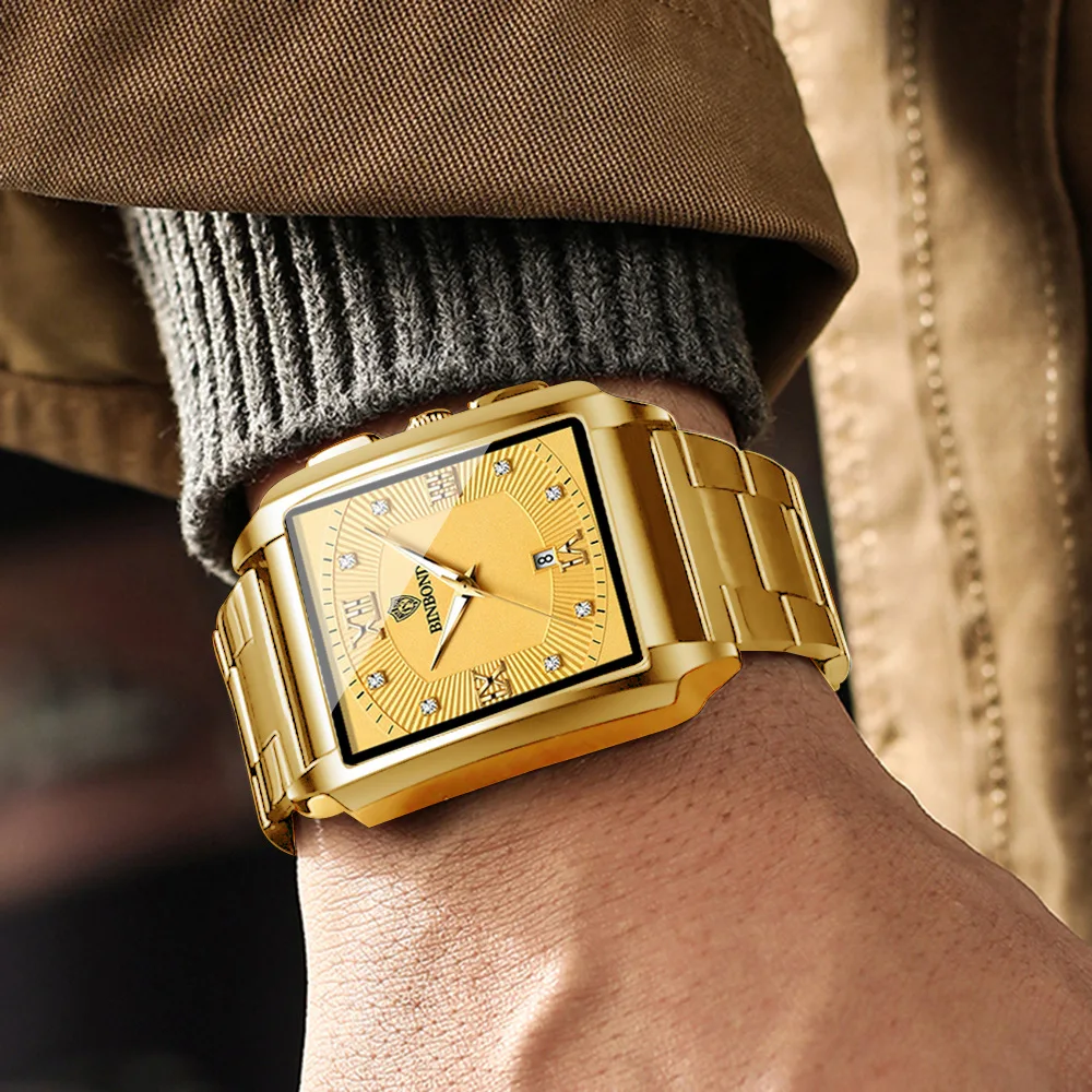 New Rectangular Men's Refined Steel Strip Sports Outdoor Calendar Quartz Watch Waterproof Watch Delivery Gift Box