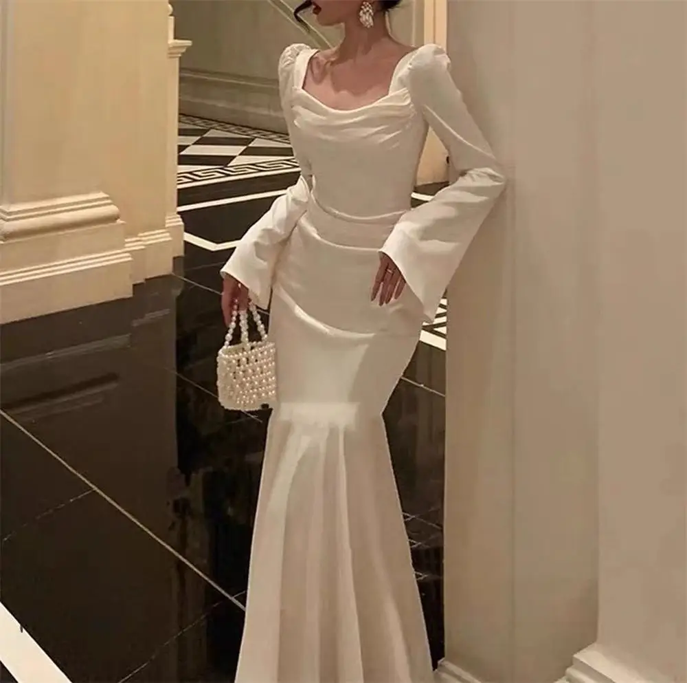 Simple White Mermaid Korea Evening Dress Photo Shoot Square Neck Long Sleeves Prom Gown Pleats Ankle Length Special Dresses