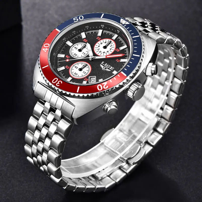 LIGE Luxury Man Watch Stainless Steel Strap Business Fashion Quartz Watch Mens Casual Sport Waterproof  Calendar Watches For Men