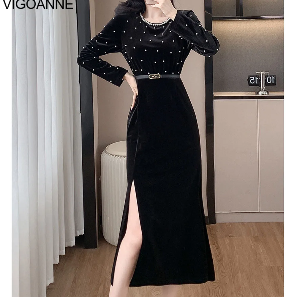 VigoAnne 2025 Spring Autumn Woman Black Velvet Dress Patchwork Slit Long Sleeve Dress Lady Black Evening Party Tight Long Dress