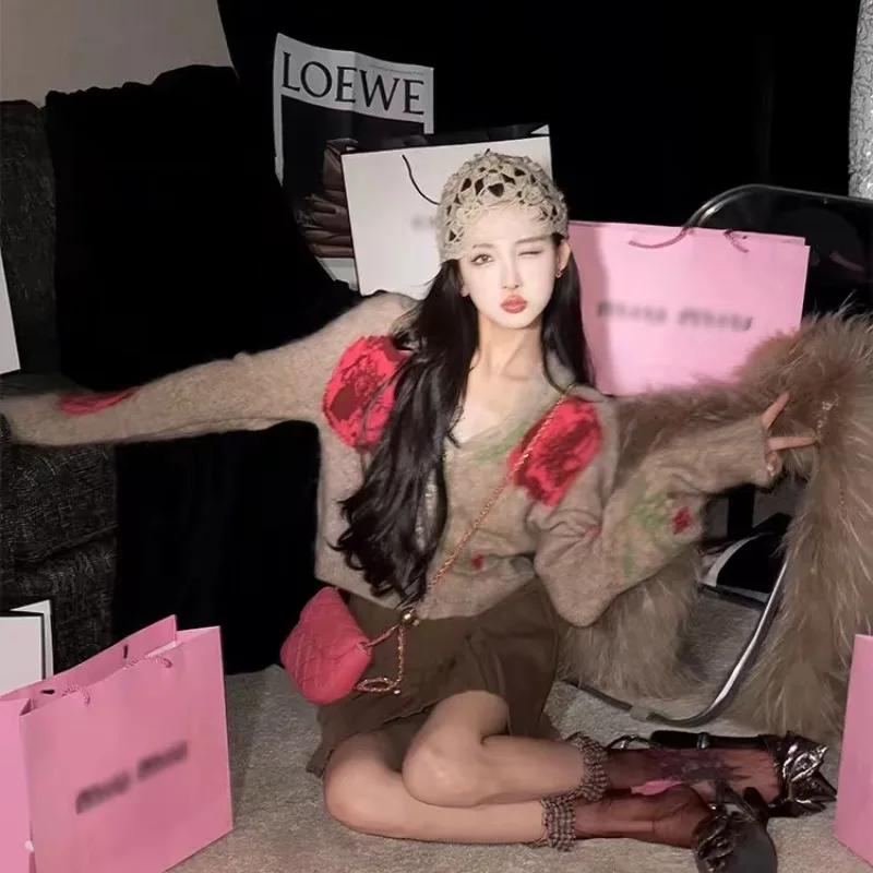 المألوف روز طباعة سترة مشغولة من الصوف المرأة فضفاضة تناسب الخامس الرقبة الخريف الشتاء نمط جديد تخفيف سترة سترة F494 #5