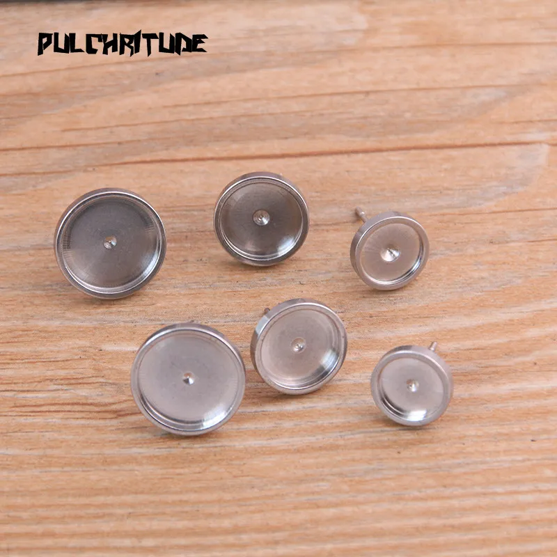 

6pcs 8-12mm Stainless Steel Silver color color Cabochon Earring Blanks Diy Post Stud Earrings Base Settings For Jewelry Making