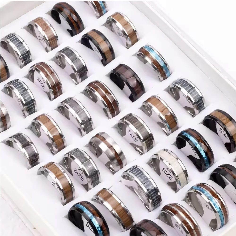 10/20/30Pcs/Lot Fashion Vintage Wood Grain Stainless Steel Rings Men Women Engagement Jewelry Party Gift Mixed Style Random