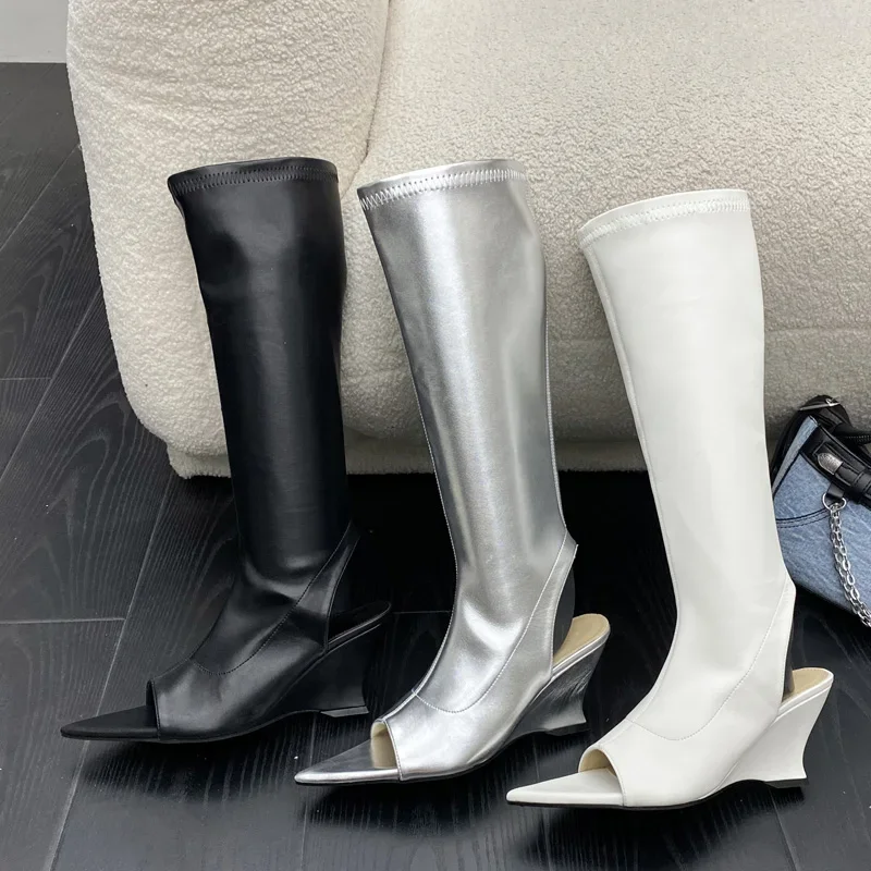 Eilyken Street Style Pointed Open Toe Women Knee-High Long Boots Fashion Wedges Heels Modern Booties Sandals Slingbacks Shoes