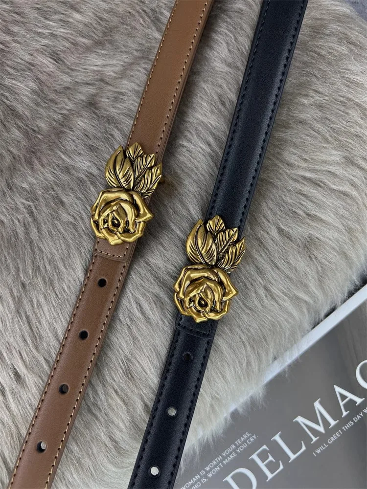 ผู้หญิง Vintage Rose Buckle ของแท้หนังรัดตัวหญิง Cummerbund Coat เข็มขัดชุด Decration เข็มขัดแคบ J1400