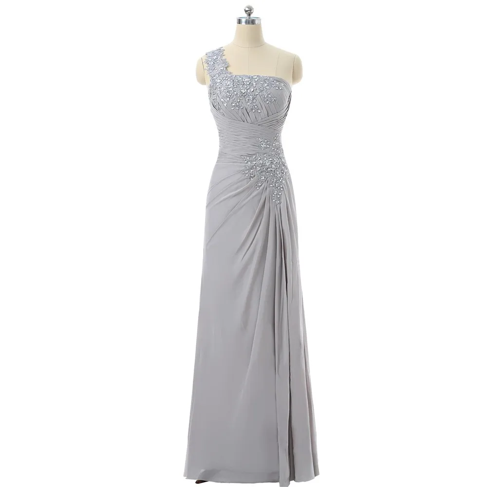 Silver Mother Of The Bride Dresses A-line One-shoulder Chiffon Appliques Beaded Plus Size Long Groom Mother Dresses For Wedding