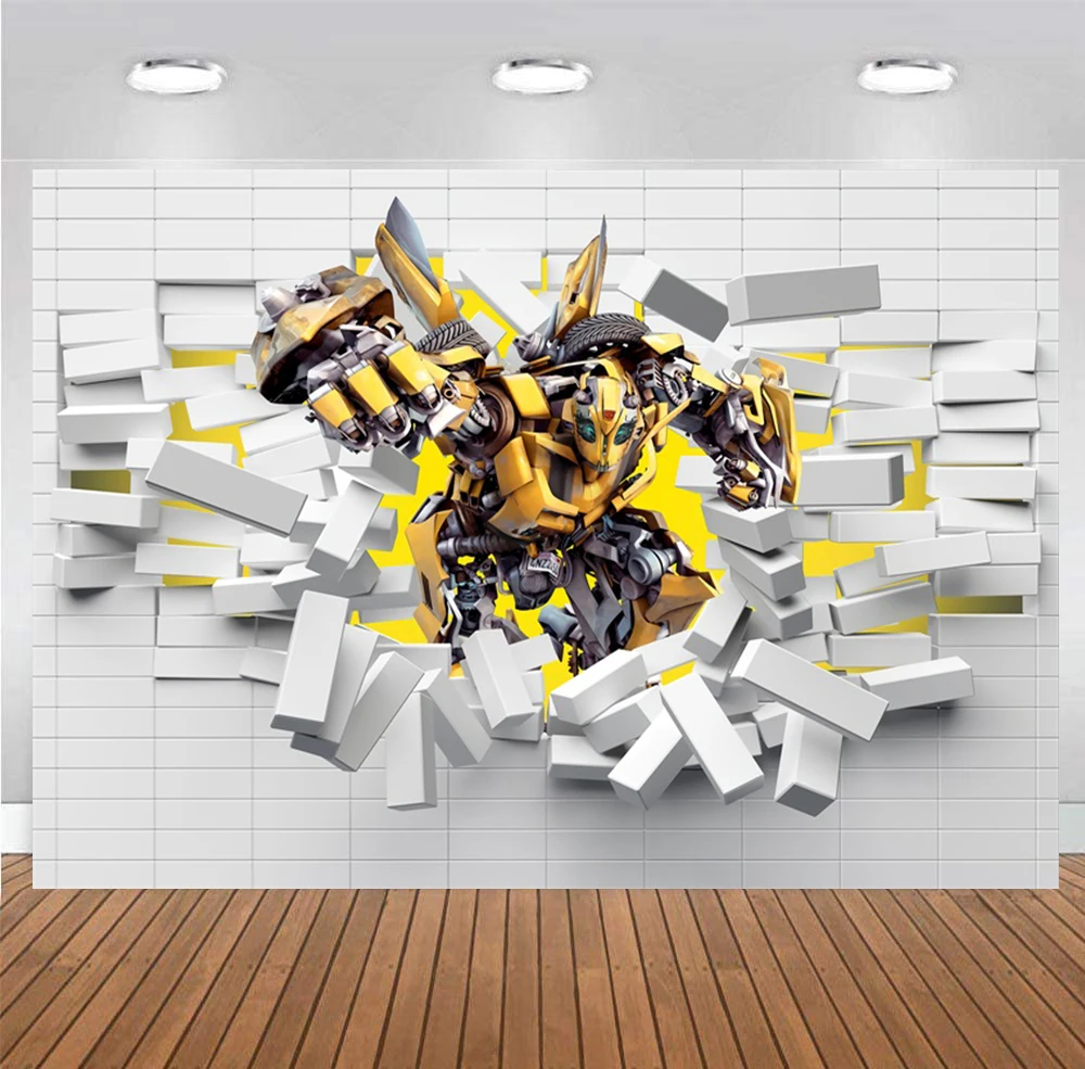 Bumblebee Transformer Backdrop Autobots Birthday Party Decorations for Boys Banner White Brick Wall Background Photography Props