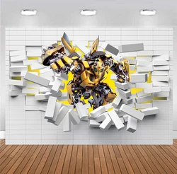 Bumblebee Transformer Backdrop Autobots Birthday Party Decorations for Boys Banner White Brick Wall Background Photography Props