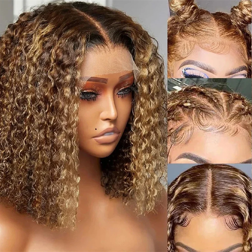 Highlight Bob Wig Honey Blonde 13x4 Lace Front Wigs 100% Human Hair Short Curly Bob Wigs Pre Plucked Water Wave Lace Bob Wig