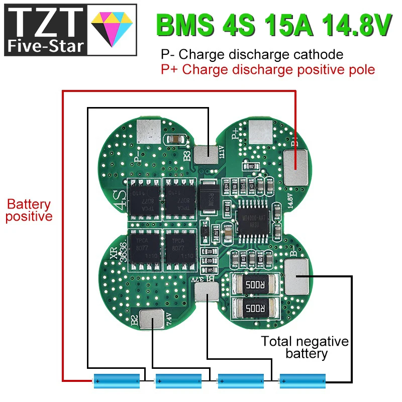 Плата управления зарядом TZT BMS 4S 15A 14.8V для литий-ионных аккумуляторов 18650 с защитой от перегрузки по току и температуре для электроинструментов