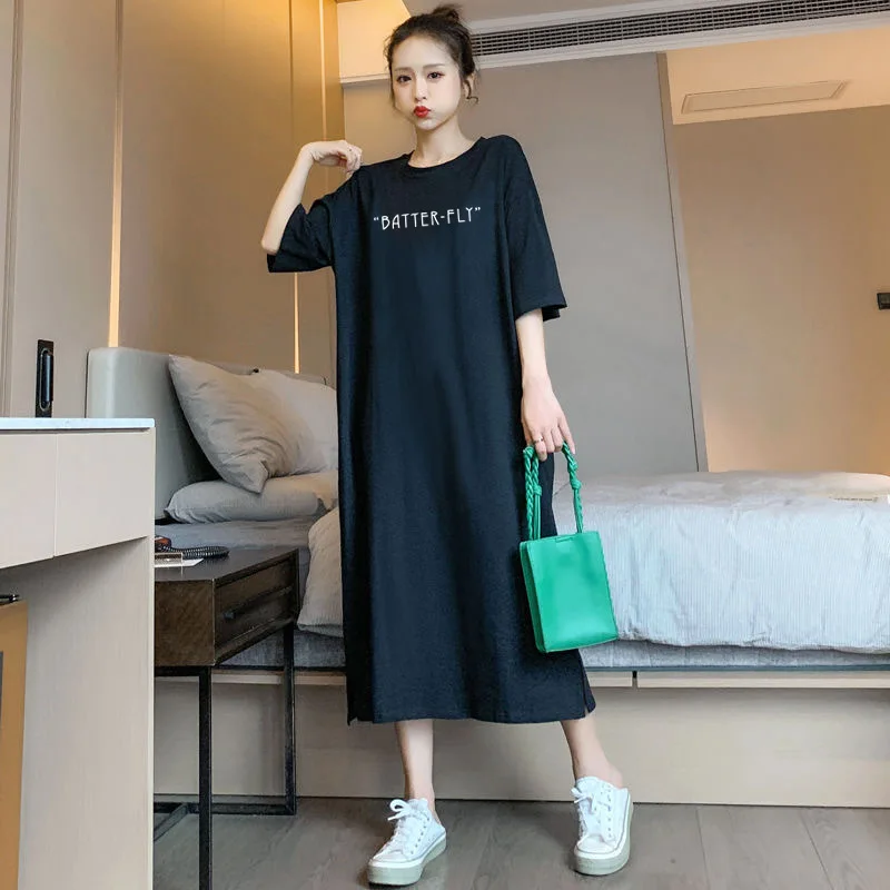 เกาหลีสไตล์หลวมขี้เกียจแฟชั่นความยาวกลางแขนสั้นเสื้อยืดชุดยาวผู้หญิงสบายๆสบายแยกชุดฤดูร้อน