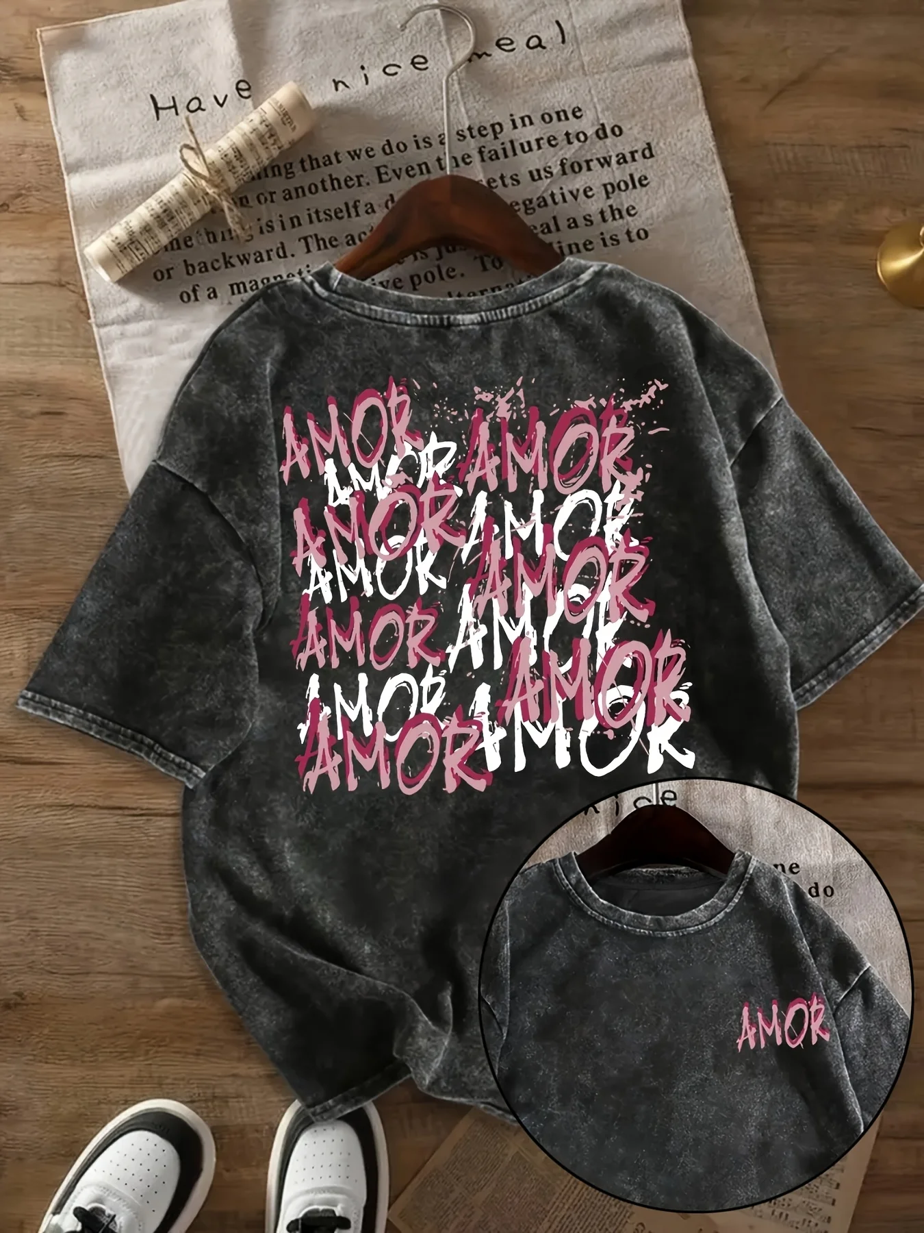 Washed T Shirt Cotton Unisex Women's Casual Summer Short Sleeve T-Shirt AMOR AMOR Letter Print Loose Fit Round Neck