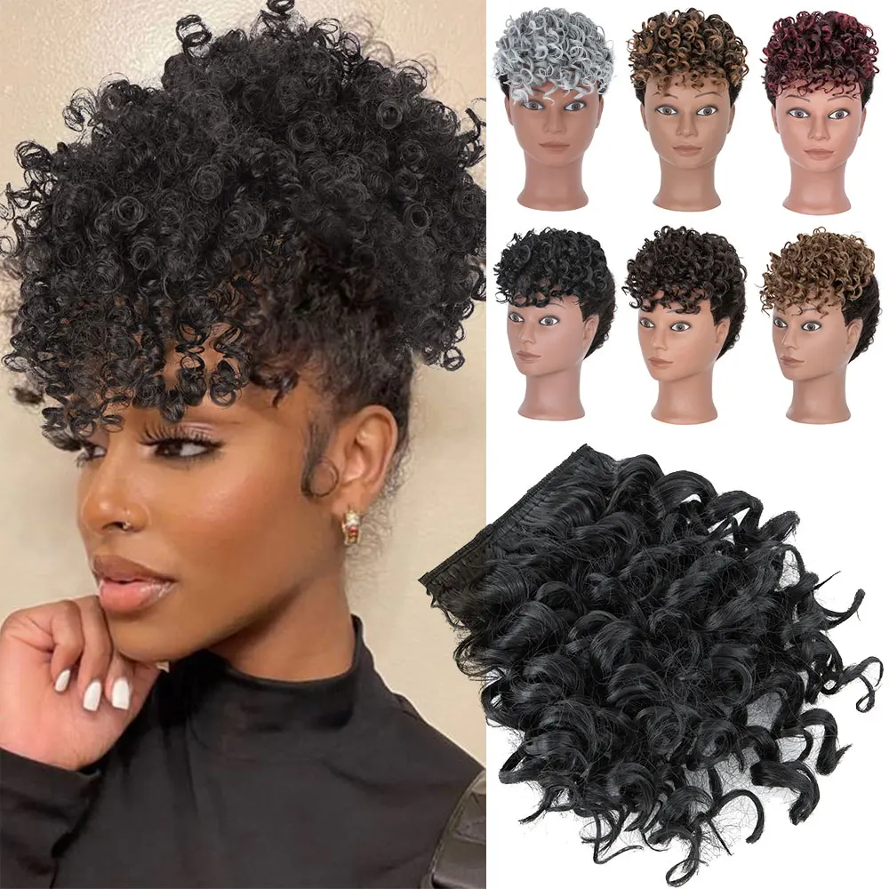 Snoilite Synthetic Afro Puff Bangs Hairpiece Short Kinky Curly Hair Bun For Women Girls Short Chignon Hair Extension Black Brown