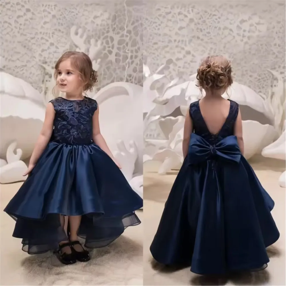 

Flower Girl Wedding Dress Sleeveless Appliques Bow High-Low Length Girl Kids Birthday Party Dress Princess Holy Communion Gown