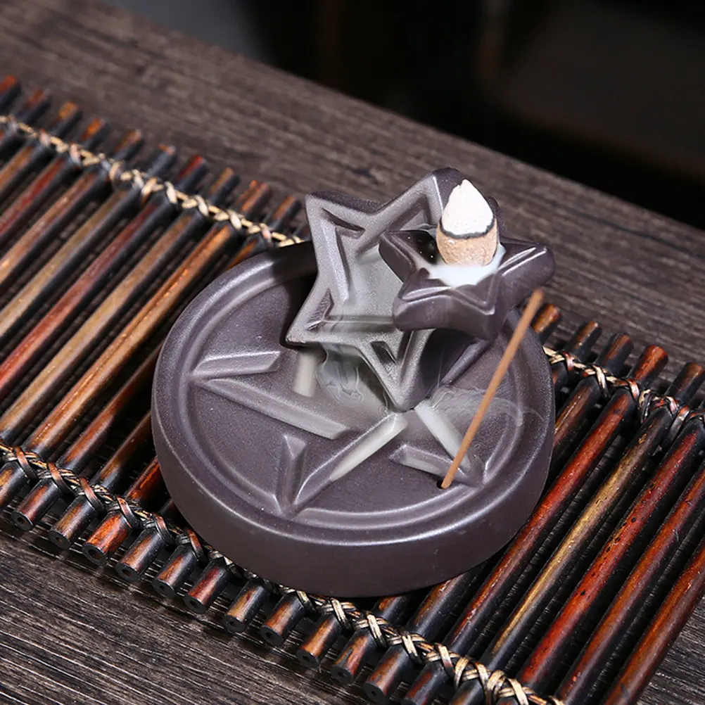 Ceramic Purple Sand Backflow Incense Holder Five-Pointed Star Desktop Incense Cone Burner Smoke Waterfall for Home Office Sleep
