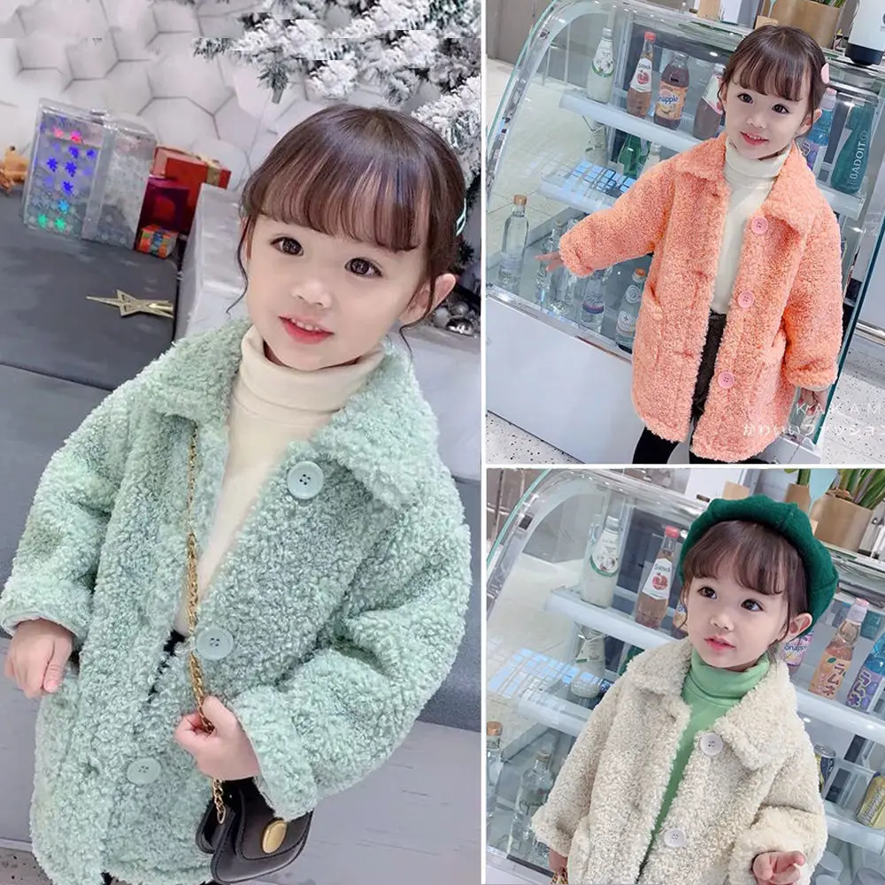 

Winter Baby Girls Turndown Collar Thicken Warm Jacket Children Lambswool Coat Toddler Girls Long Overcoat Kids Clothes Outwear