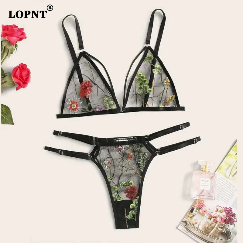 Lopnt Lingerie For Women Sexy Gauze Bra Set Bandage Brassiere Floral Embroidery Lingerie Set Temptation Transparent Underwear