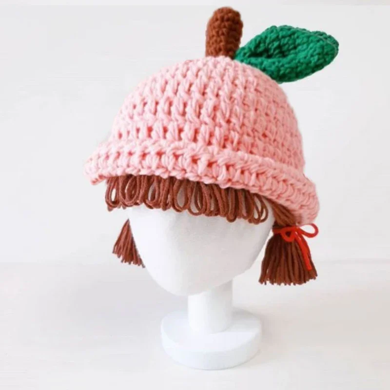 Gorro de punto para bebé y niño, peluca hecha a mano con diseño de manzana, gorros de lana, accesorios para fotos, tocado de 1 a 5 años