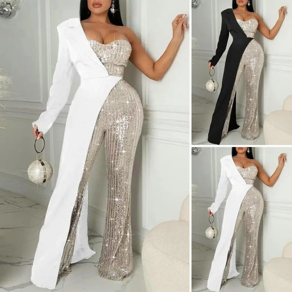 Sequin Waist Jumpsuit Elegant One Shoulder Sequin Jumpsuit with Wide Leg Tight Waist for Prom Party or Special Occasion Women's