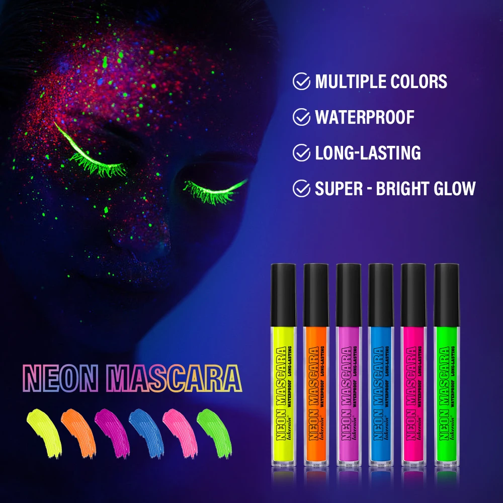 6 Farben Neon-Augen-Mascara, leuchtende Farben, fluoreszierend, 24 Stunden langlebig, wasserfest, wischfest, für Camival-Party-Make-up
