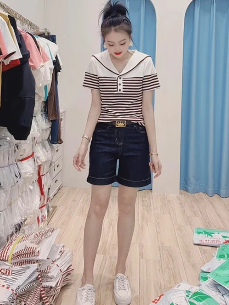 Elegancki granatowy kołnierzyk w paski, krótki top damski na lato, nowy, wyszczuplający, w stylu koreańskim, do pracy, wzór.