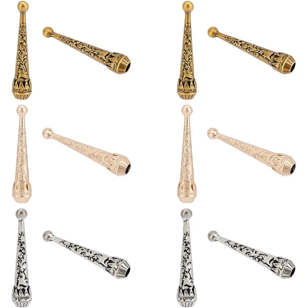 12PCS Bolo Tie Tips Replacement End Caps, 3 Colors Long Alloy Cord Ends Embossment Carved Fahion Findings for Neckalce