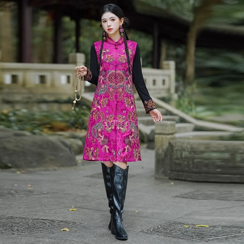 جديد لخريف وشتاء 2025 على الطراز الوطني الصيني بياقة واقفة بدون أكمام سترة طويلة غير رسمية معطف فضفاض يومي سترة بلوزة T1 #3