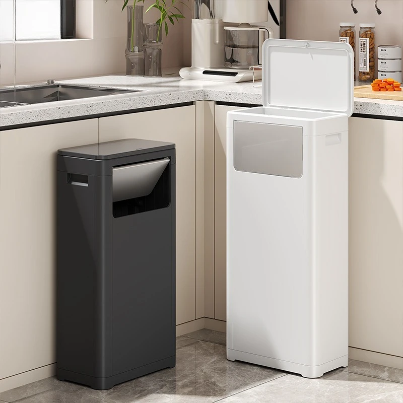 

Double Lid Hands Free Kitchen Trash Can Large Capacity Outdoor Commercial No Bending Foot Pedal Soft Close Touchless Sensor