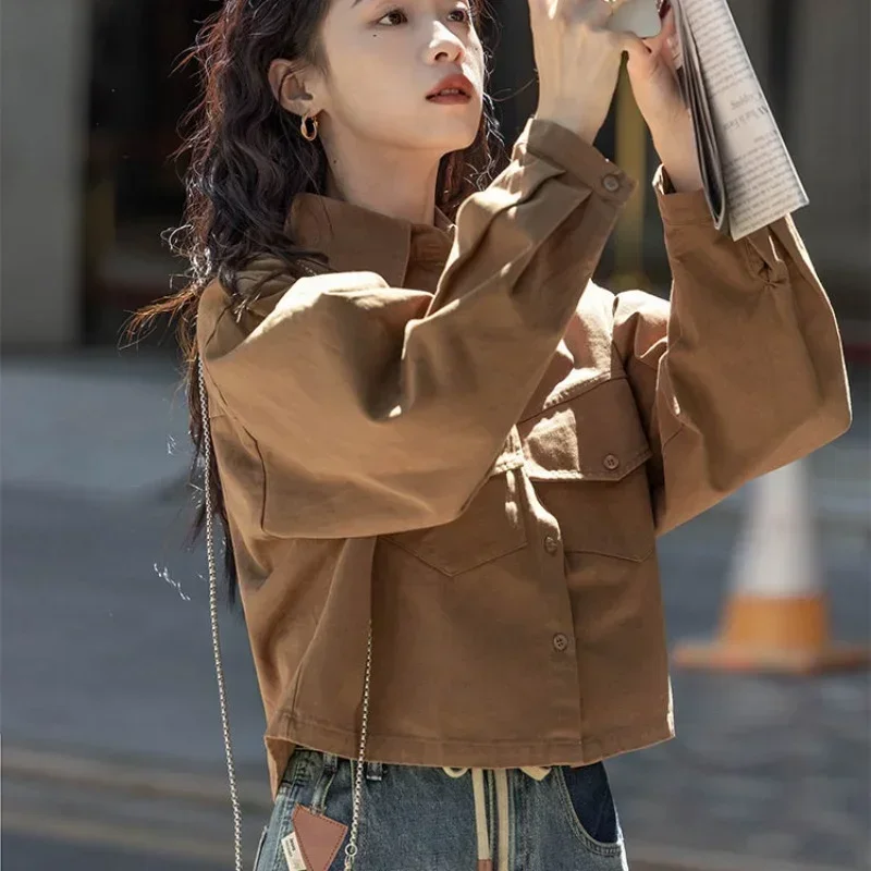 Koszule Safari Damskie Chłopięce Fajne Wiosenne Krótkie Streetwear Ulzzang Biurowe Eleganckie Osobowość Szyk Vintage Podstawowe Luźne 2023