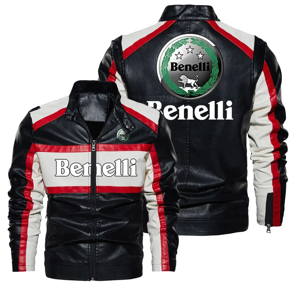 Benelli Logo Mens Contrast PU Leather Jacket Motorcycle Biker Men's Jackets Autumn Winter Outdoor Outwear Coats