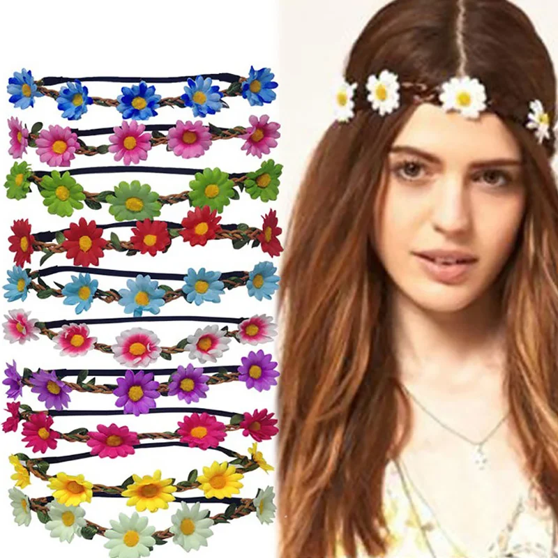 

1Pc Girls Daisy Flower Headband Multicolor Sunflower Crown Hairband Bohemian Elastic Floral Hair Wreath Women's Hair Accessories