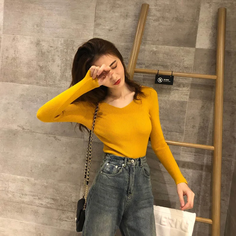 

2023 Autumn New Sweater Sexy V-neck Sweater Women's High Elastic Winter Clothes Korean Fashion Hedging Women's Clothing