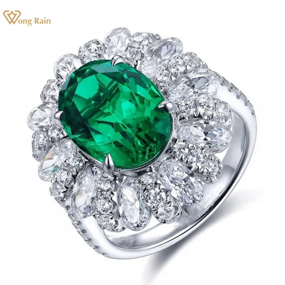 Wong Rain 100% 925 Sterling Silver Oval Cut 9*12 MM Emerald High Carbon Diamond Gemstone Rings Fine Jewelry Anniversary Gifts