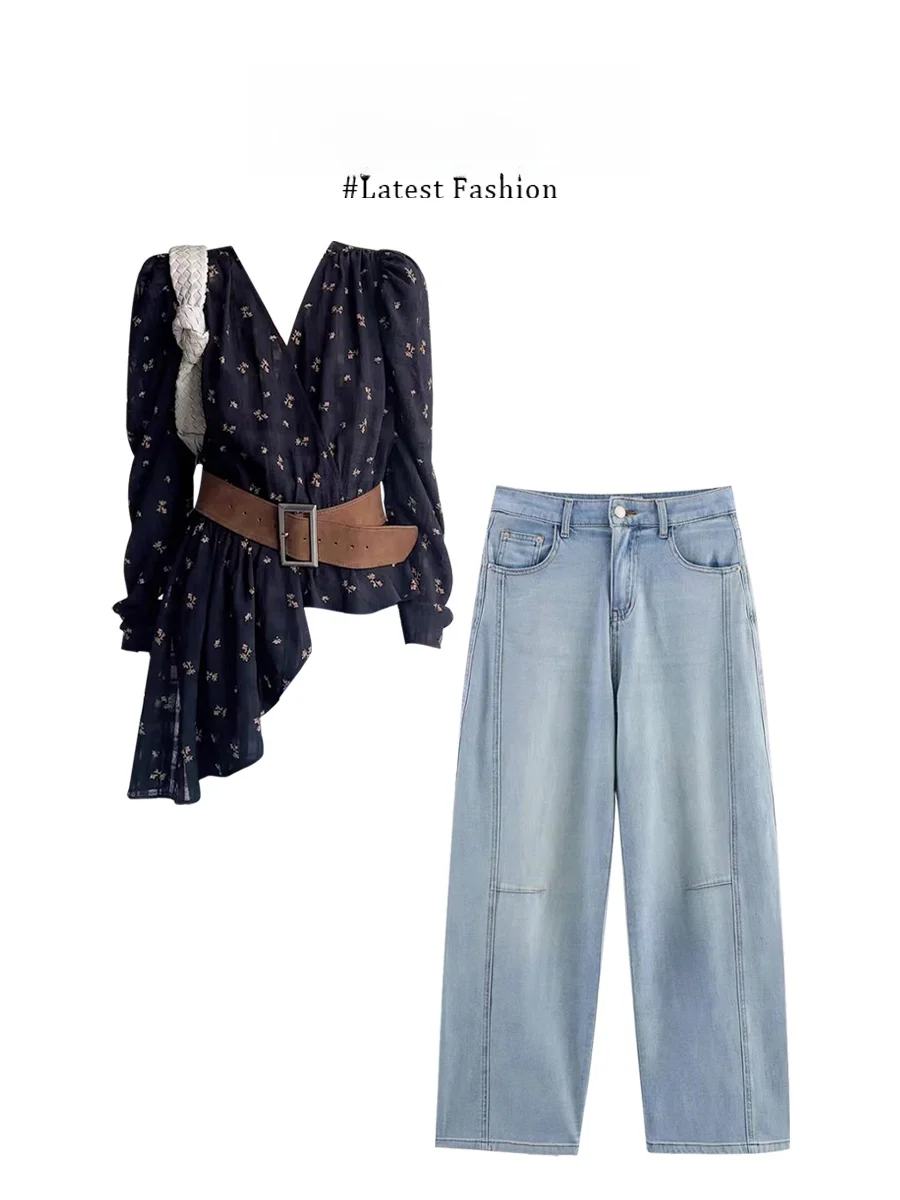 

Parkyeon Hong Kong Style Retro Asymmetrical Floral Midi Sleeve Shirts Waist Inward Straight Leg Jeans Women's Fashion Set