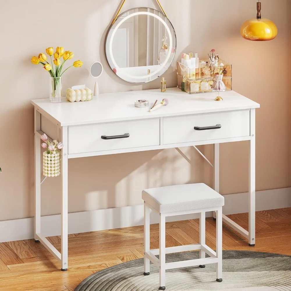 

Vanity Desk with 2 Fabric Drawers, 40 Inch Makeup Vanity Without Mirror, Makeup Vanity Table with Chair, Vanity Set White