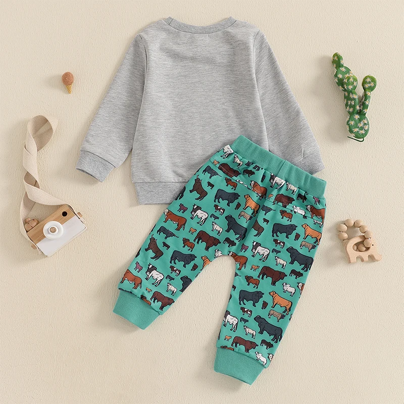Toddler Boy Fall Farm Outfits Long Sleeve Round Neck Sweatshirt with Animal Print Pants 2Pcs Set image 5