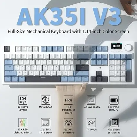 Ajazz AK35I V3 MAX 8000mAh batterij Gaming mechanisch toetsenbord Tri-mode Bedraad Bluetooth Draadloos Hot-swappable TFT kleurenscherm